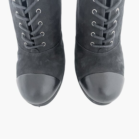 Chanel Lace Up CC Booties EU 38.5 US 7.5-8 Black Cap Toe High Heel Ankle Boot - Picture 3 of 15